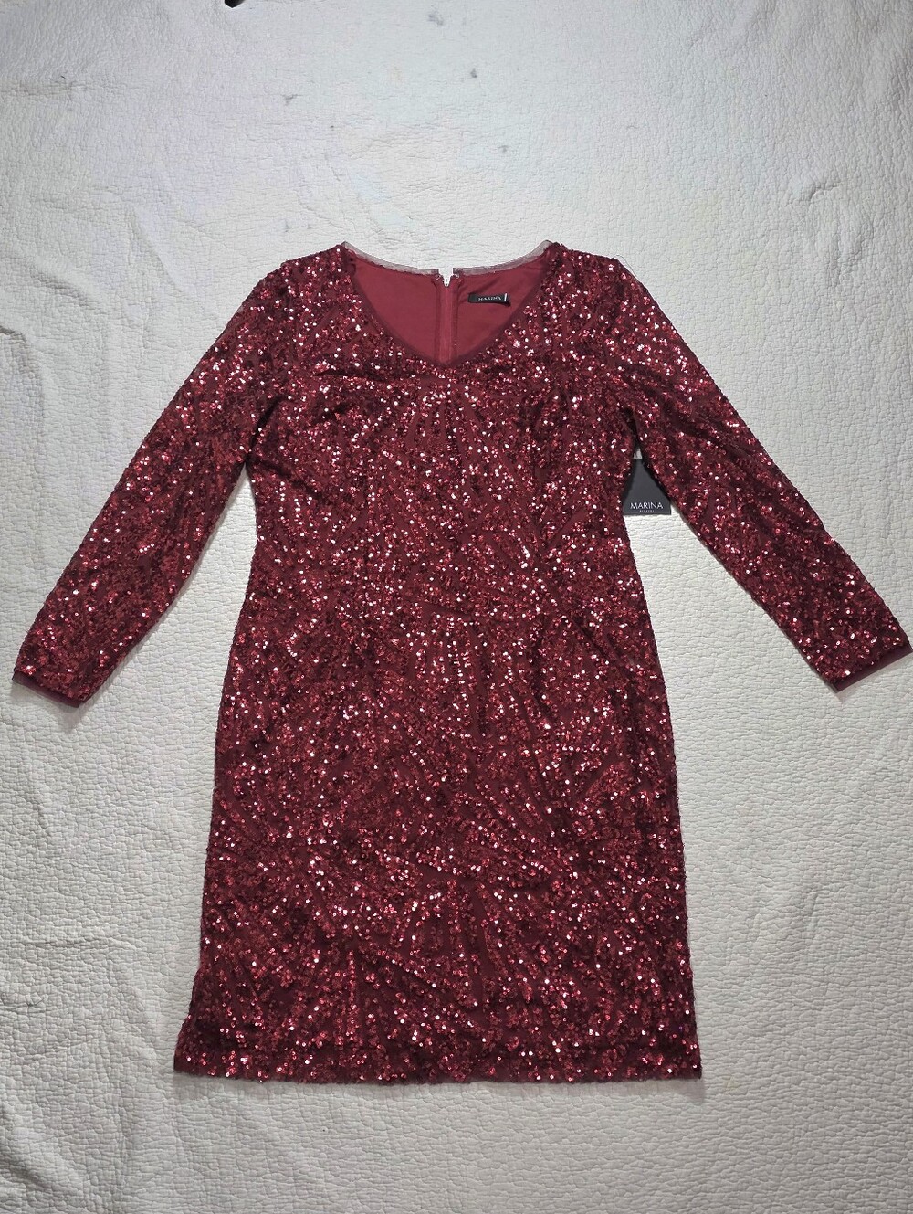 NWT MARINA Red Sequin Long Sleeve Cocktail Dress